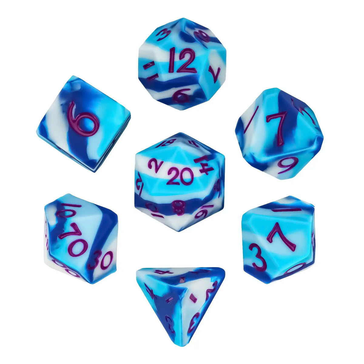 A set of silicone polyhedral dice, including a pouch, showing various numbered and symbolic dice.