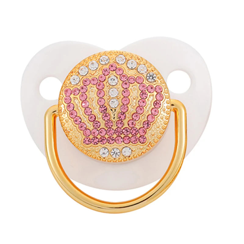Rose gold crystal bling pacifier with a gold ring for newborns