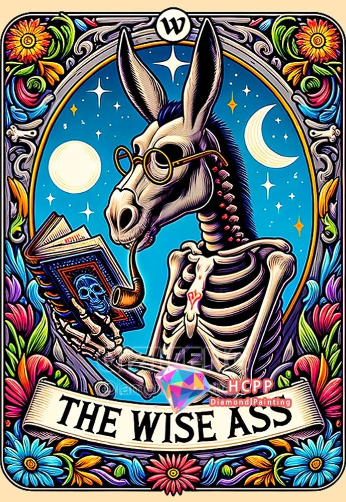 A diamond painting kit featuring a stylized rabbit skull woman design with ornate floral borders and a moon background.