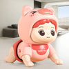 A pink pig-shaped interactive baby crawling toy with large eyes and a hood is shown in a studio setting.
