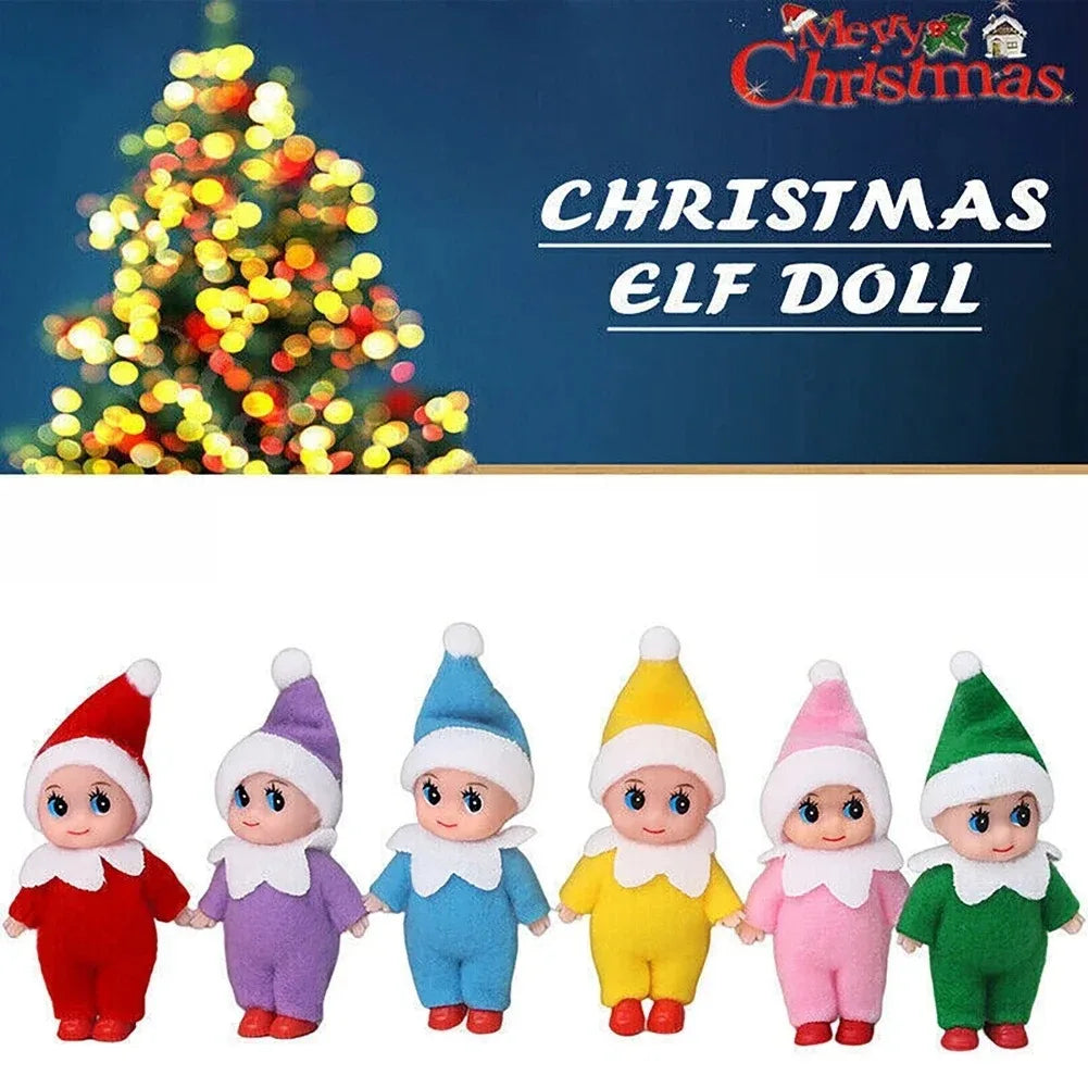 A set of adorable plush Christmas elf dolls in various colors and outfits.