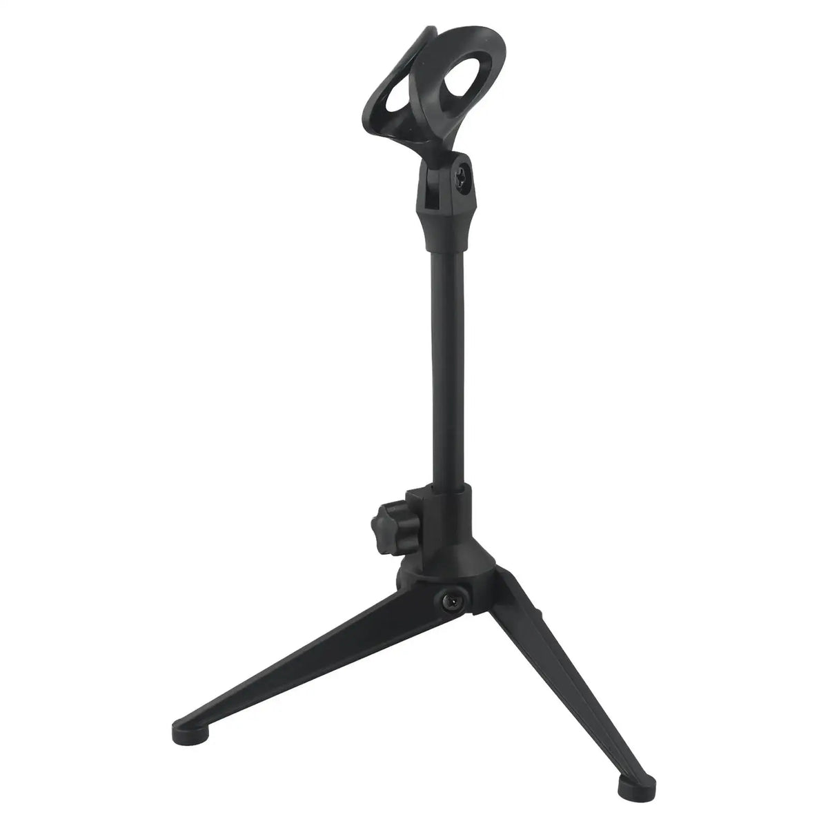 Black mini desktop tripod microphone stand with a clip holder