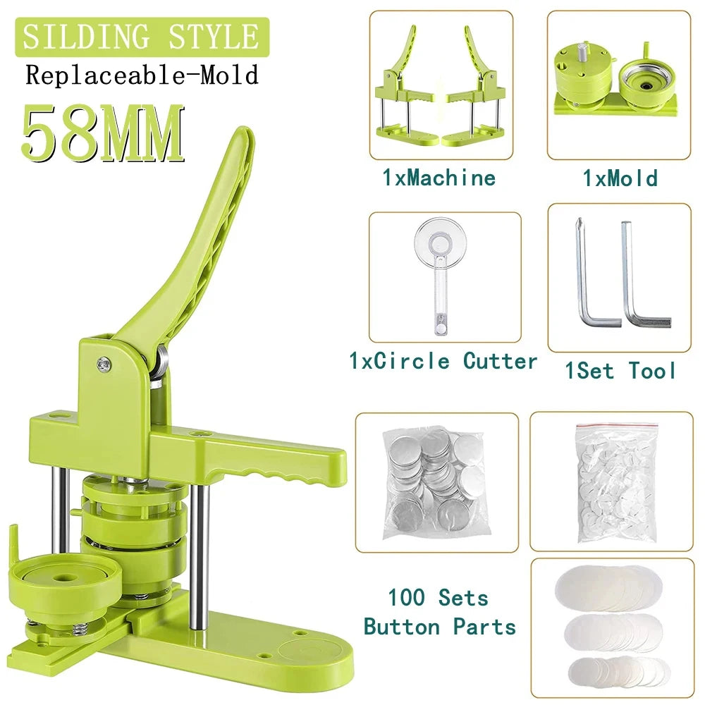 A yellow silicone sliding style replaceable mold kit for making pin badge buttons, including tools and button parts.