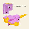 A pink and yellow alphabet transformable robot toy set featuring the devil rays theme.