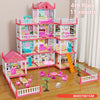 A pink and white 4th floor miniature castle and villa playset with multiple rooms and furniture.