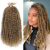 A woman with long, curly brown hair styled in pre-looped passion twist crochet hair