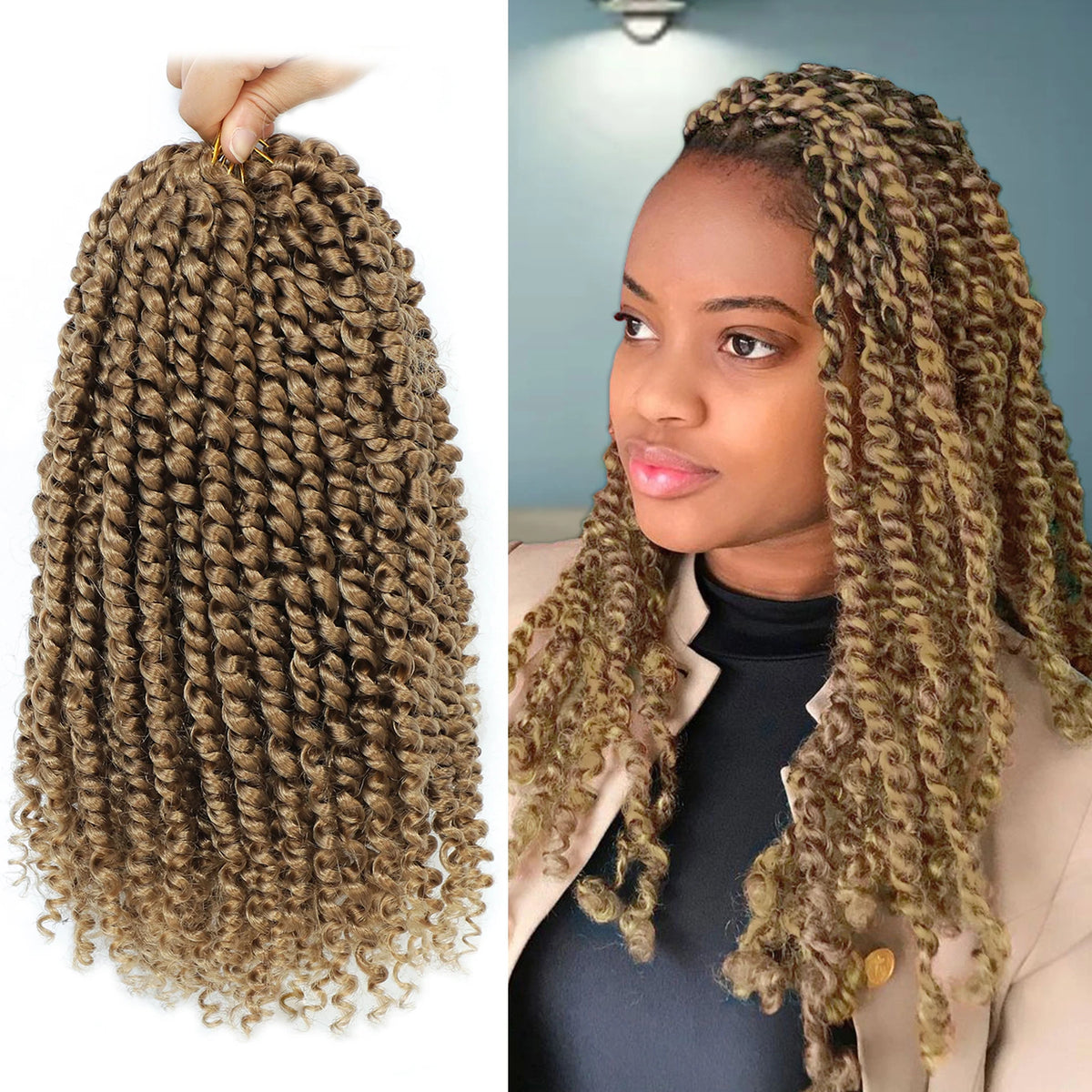 A woman with long, curly brown hair styled in pre-looped passion twist crochet hair