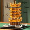 A detailed model kit of the Yellow Crane Tower built from orange and yellow micro building blocks.