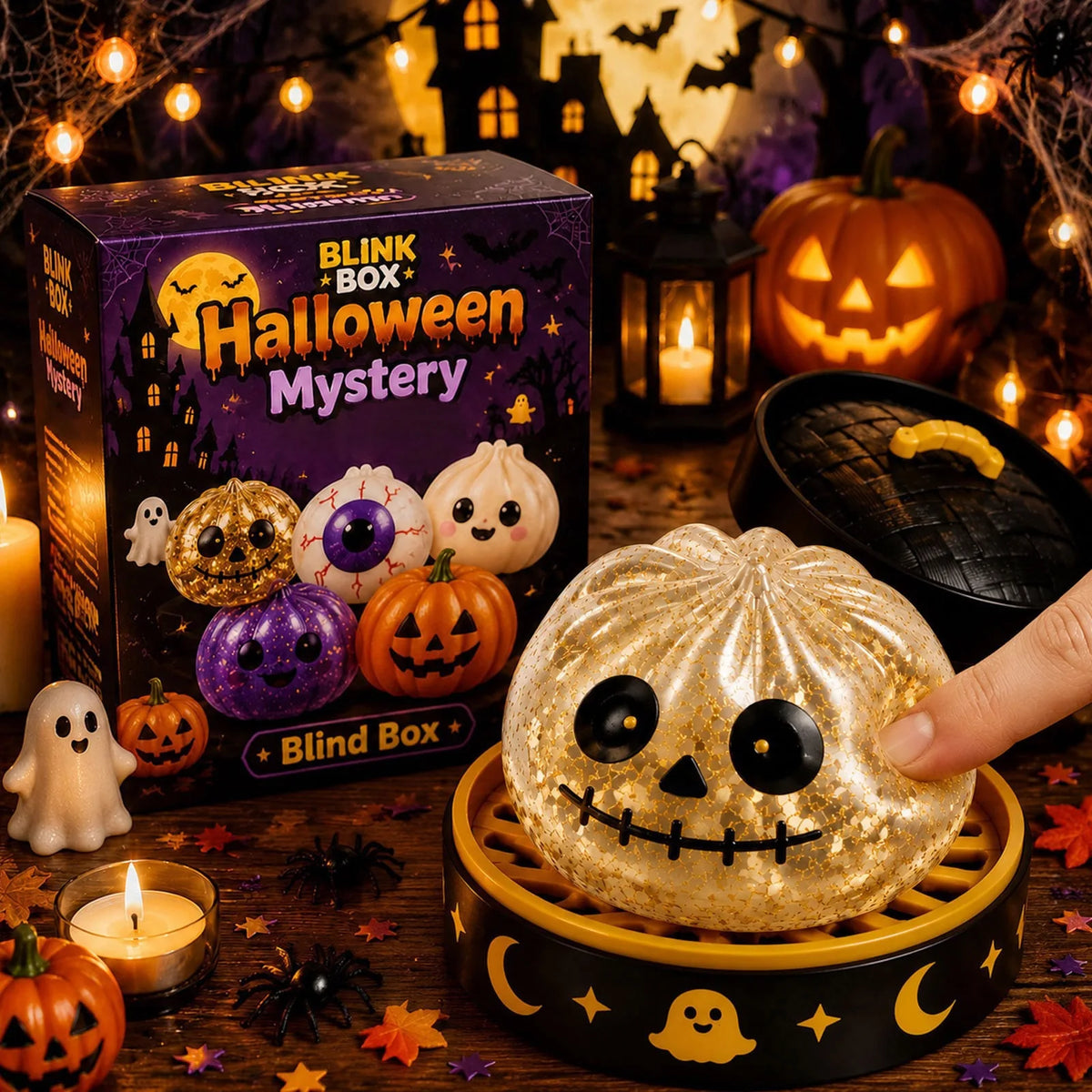 A golden, pumpkin-shaped squishy stress relief toy is displayed in a dark Halloween themed box surrounded by seasonal decor.
