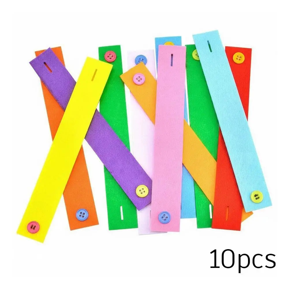A collection of ten colorful felt button bracelets in various colors and designs.
