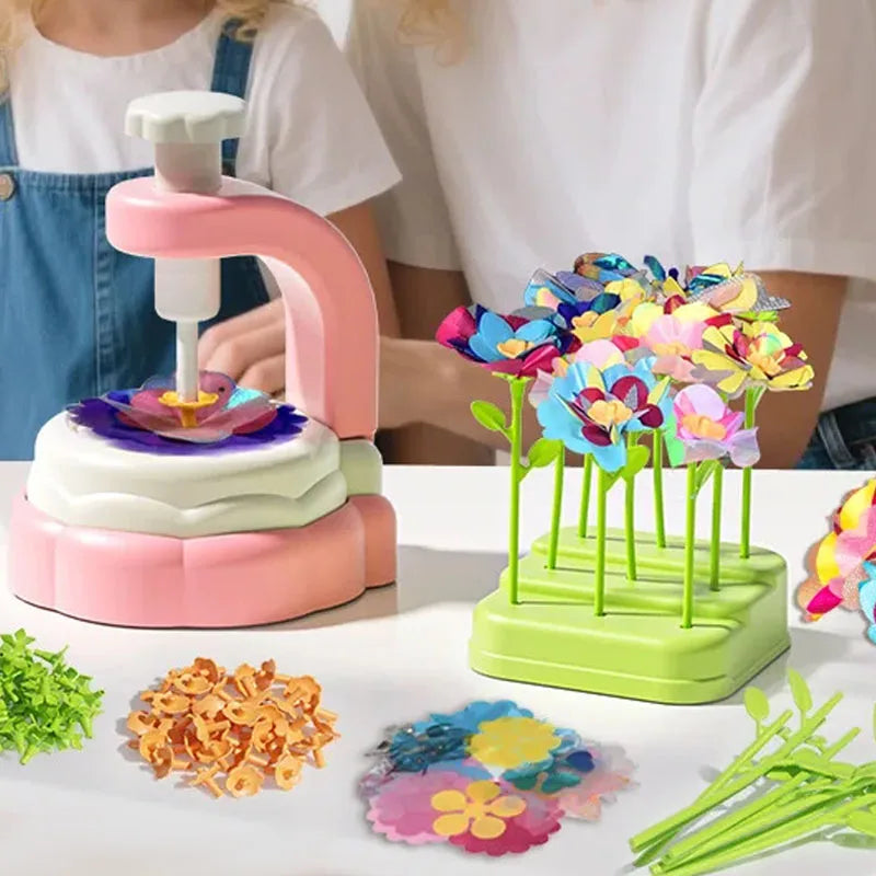 A craft kit showing various fabric flowers and green stems for a DIY bouquet project.