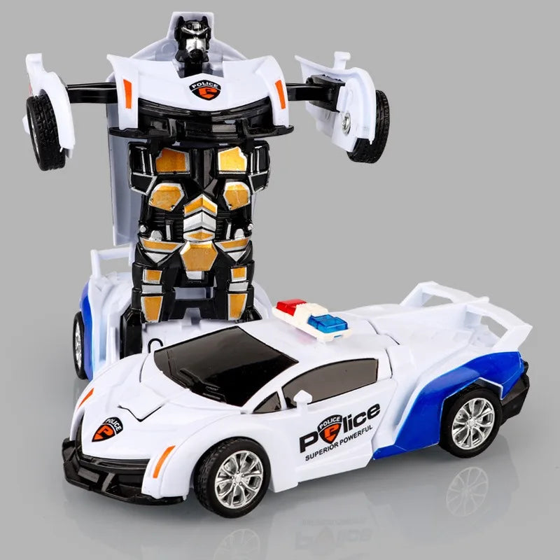 A white and black transforming diecast robot car model with orange accents.