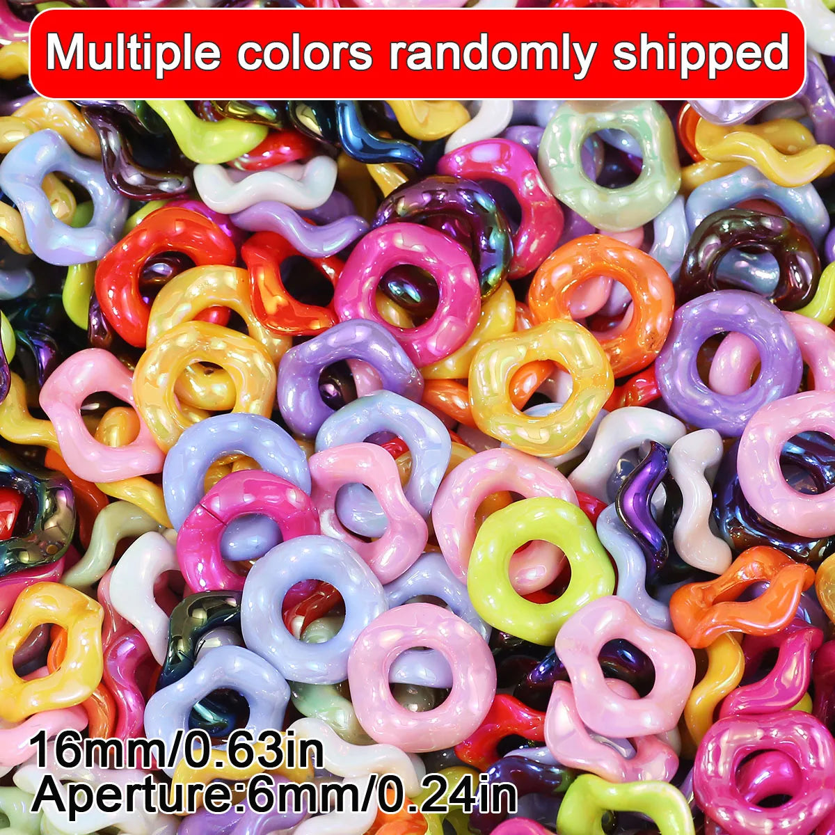 A close-up of multiple colors of 16mm wave-patterned acrylic beads randomly shipped for jewelry making