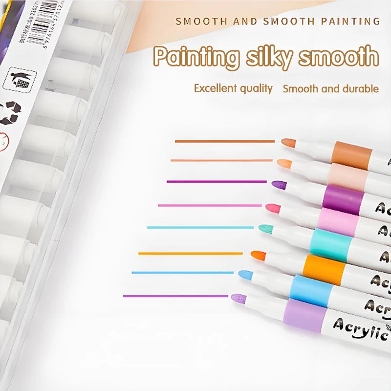 A set of acrylic art markers with various colored tips displayed on a white background.