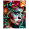 Close-up of a woman with intricate floral and skull face paint designs, surrounded by vibrant flowers and greenery.