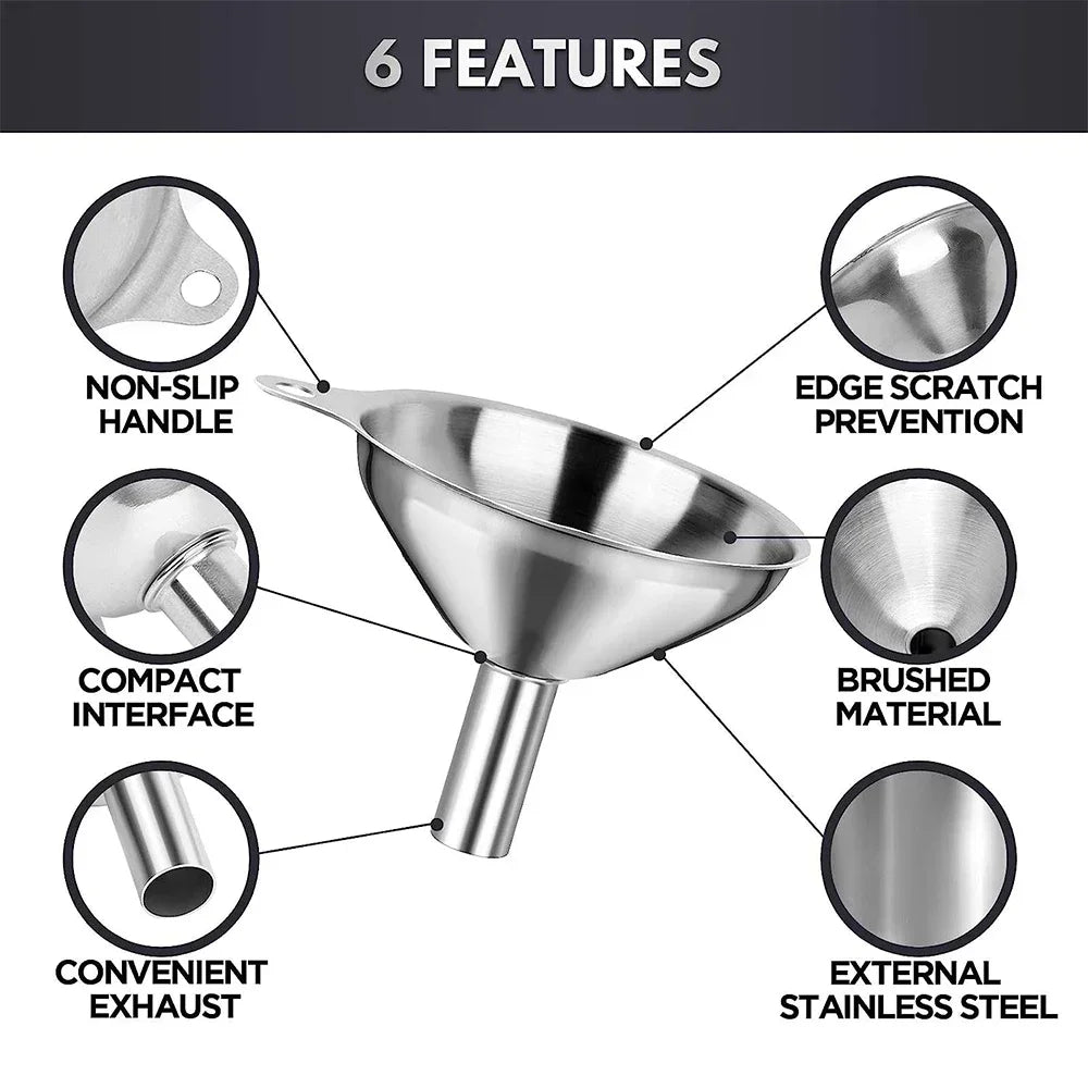 Diagram showing six features of a stainless steel funnel including non-slip handle, compact interface, convenient exhaust, an