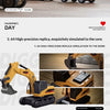A yellow mini excavator model is shown in various configurations and close-ups, simulating a full-scale forklift.