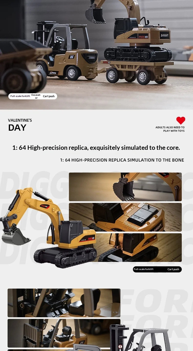 A yellow mini excavator model is shown in various configurations and close-ups, simulating a full-scale forklift.