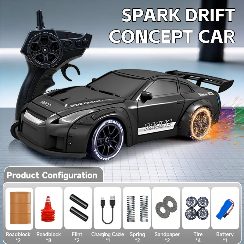Black RC drift concept car and steering wheel with various accessories for racing