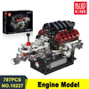A detailed V8 engine model kit showing a fully assembled engine with pistons and components.
