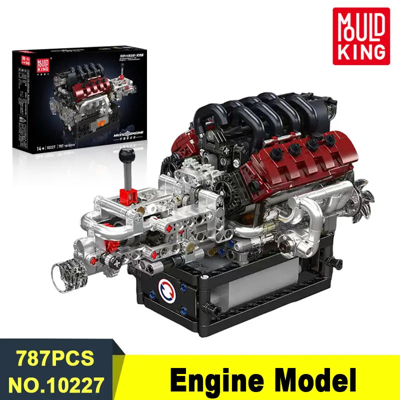 A detailed V8 engine model kit showing a fully assembled engine with pistons and components.