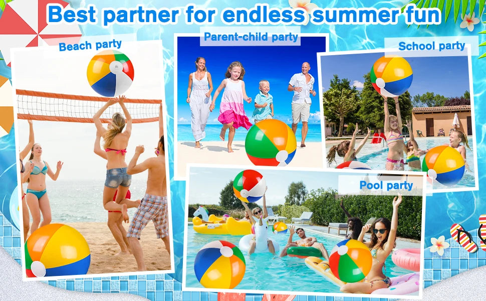 Colorful inflatable beach balls used for summer fun at various parties like beach, parent-child, school, and pool