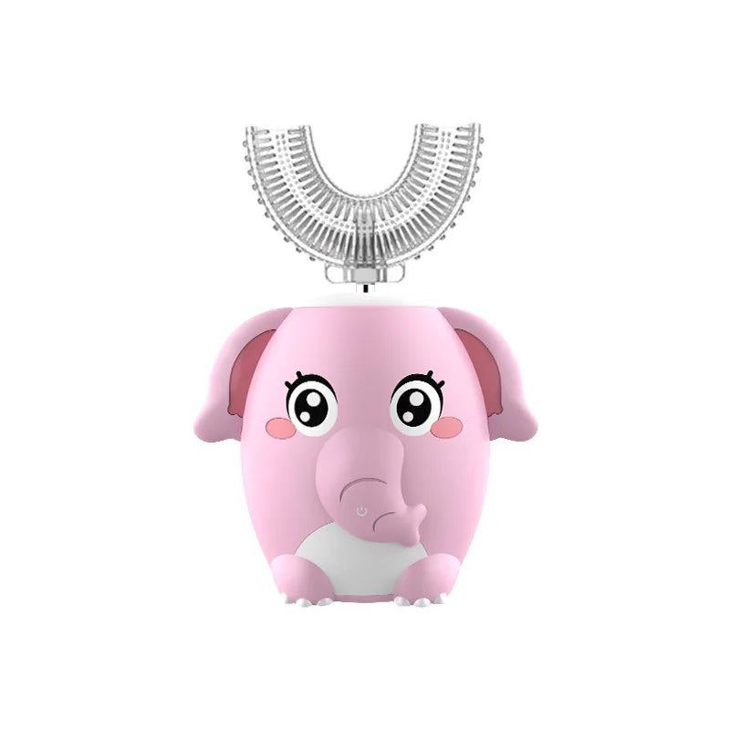 A pink elephant shaped electric toothbrush with a U-shaped brush head and timer.