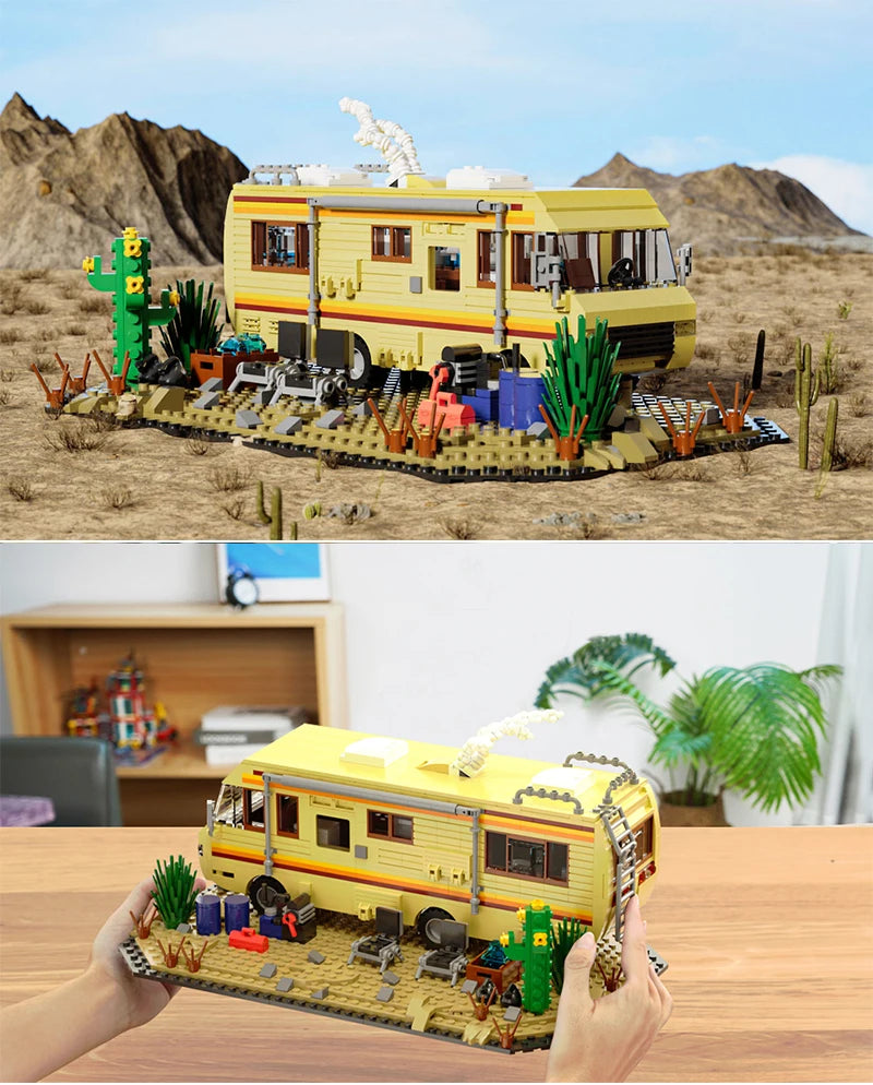 A detailed building block set of a yellow RV camper bus with desert scenery and cacti.