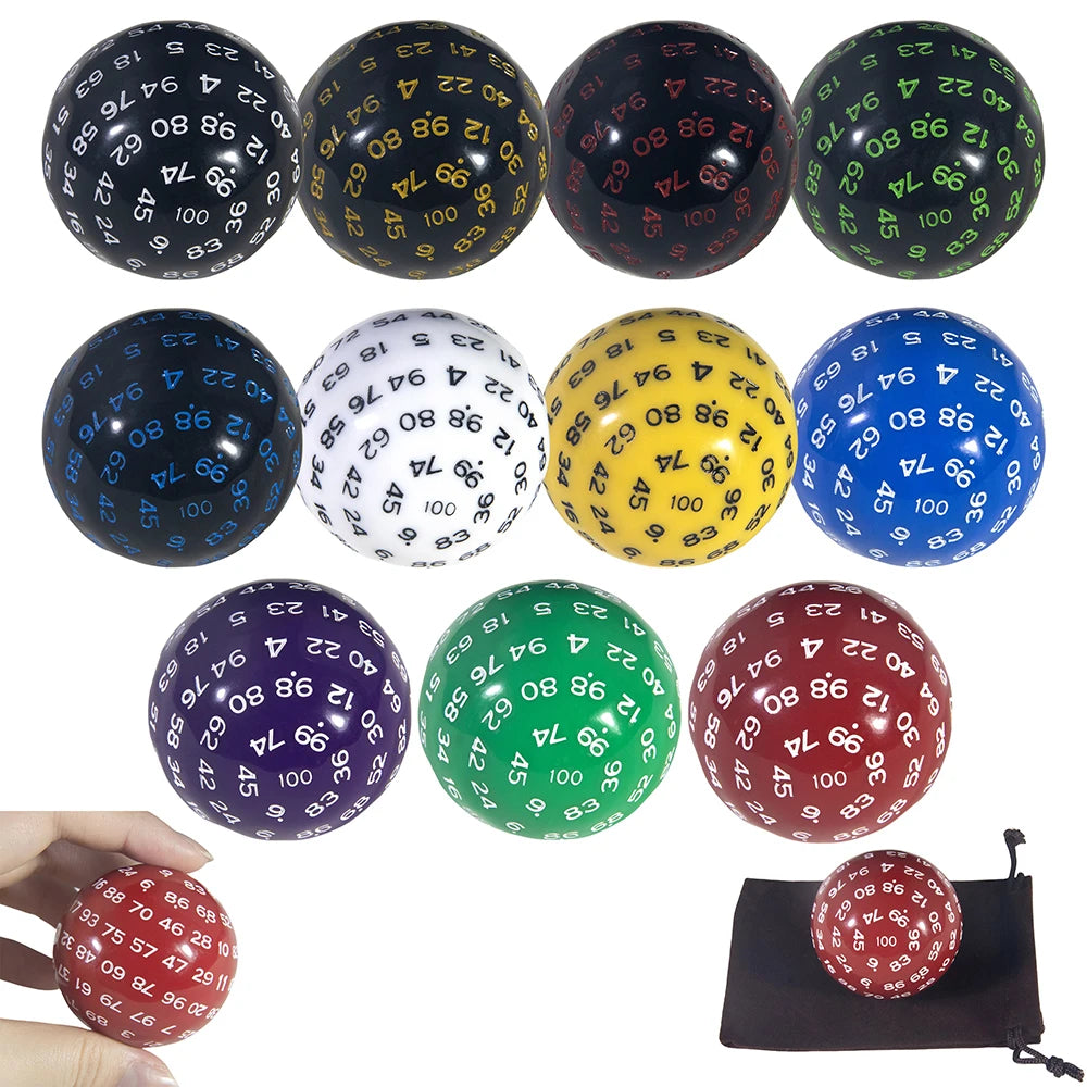 A collection of 100-sided polyhedral dice in various colors and a storage bag.
