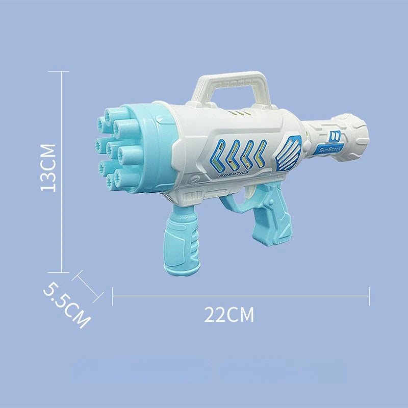 A white and light blue rechargeable outdoor bubble maker with a handle and multiple nozzles is shown against a light blue bac