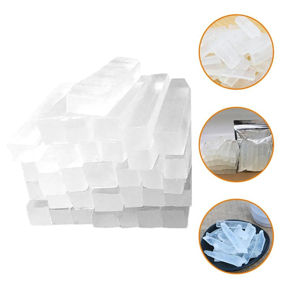 A pile of clear, translucent organic soap base for DIY handmade soap making with close-ups showing the texture and clarity.