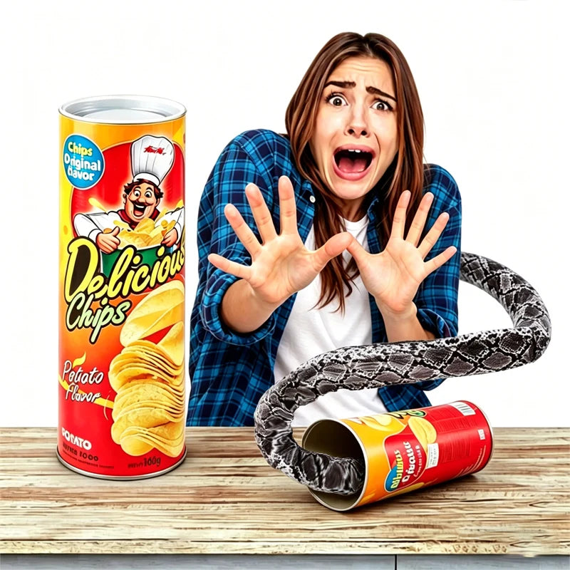 A woman is excitedly holding a can of Delicious Chips while a snake-themed prank product is visible nearby.