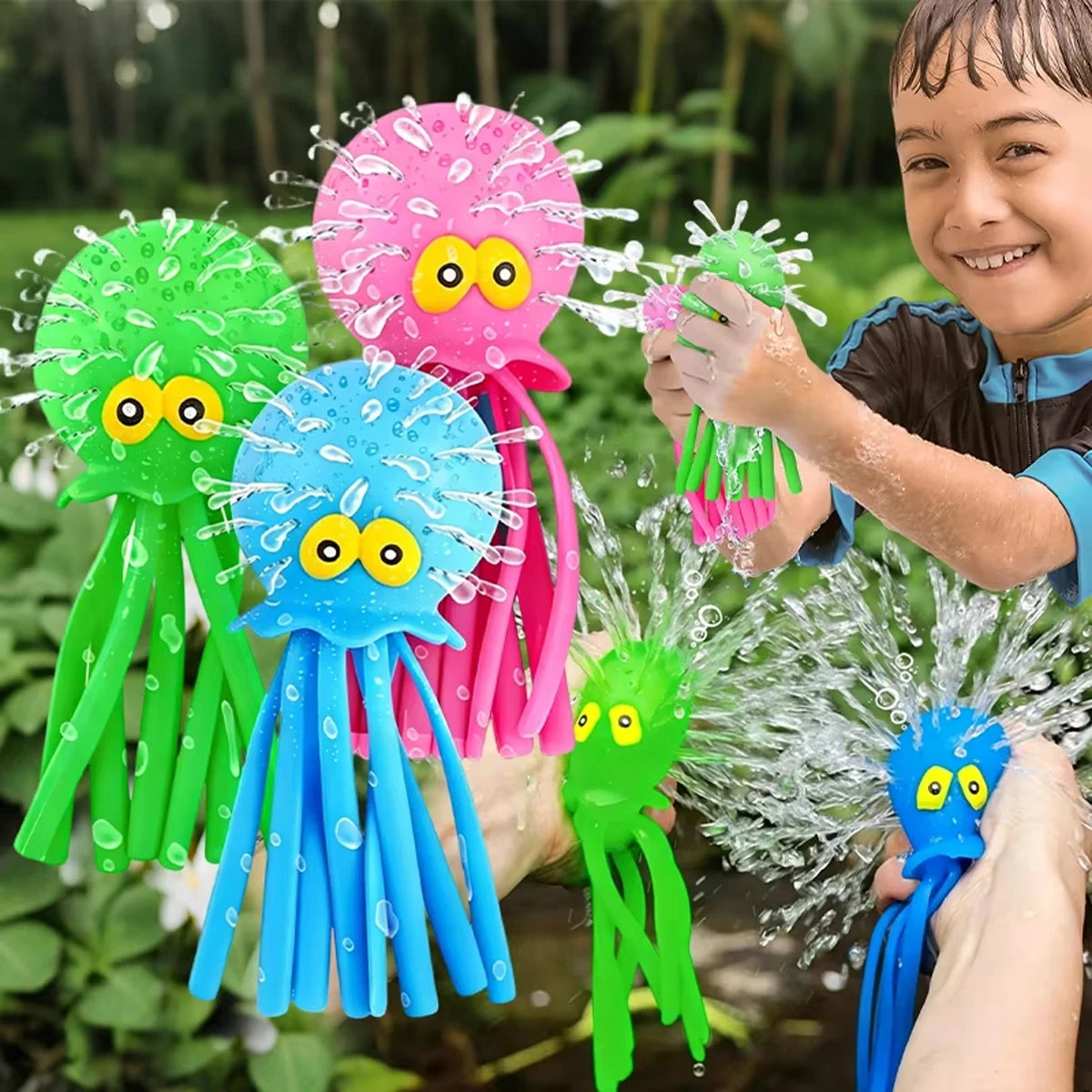 A child is holding and playing with colorful squeeze water octopus bath toys in a natural outdoor setting.