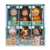 A box of realistic mini reborn baby dolls with outfits and accessories.