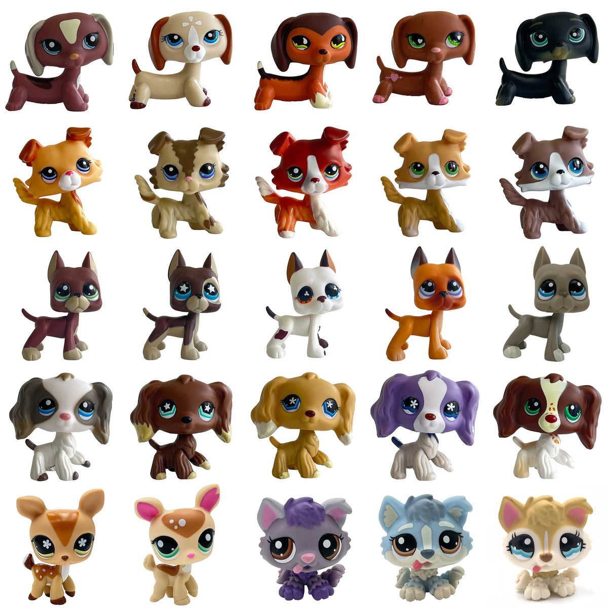 A collection of various Bobbing Deer bobblehead toys in different colors and styles.
