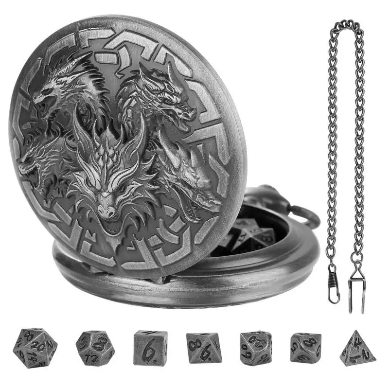 Metal Polyhedral Dice Set with Pocket Watch Case