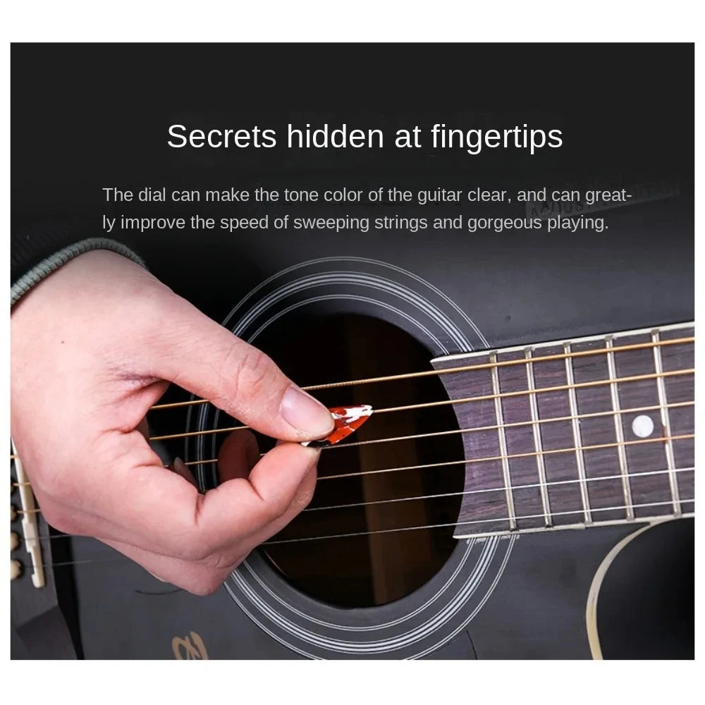 A hand is shown using a guitar pick to adjust the tone color of a guitar, demonstrating the features of the picks.