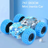 A blue mini inertia car toy with wheels and flip-over action is shown on a light blue background.