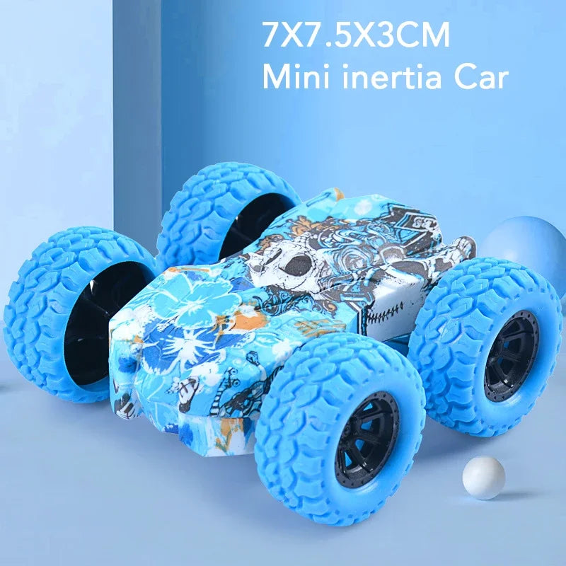 A blue mini inertia car toy with wheels and flip-over action is shown on a light blue background.