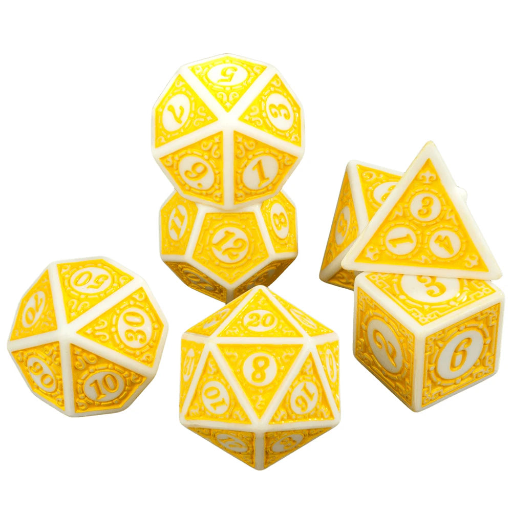 A set of seven polyhedral dice in yellow and white, including a d4, d6, d8, d10, d12, d20, and d% dice.