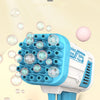 A white and blue gatling-style bubble gun is shown with a pink bubble, demonstrating its use for fun.