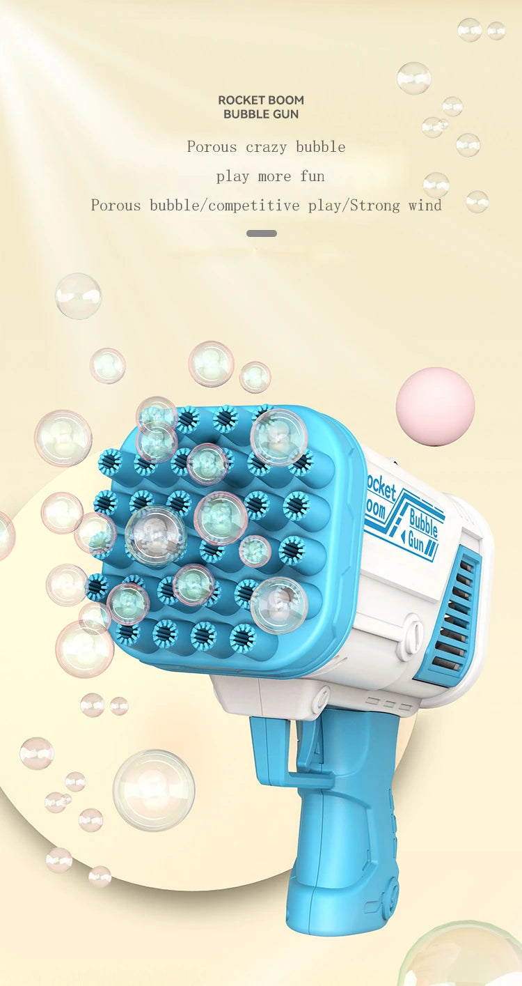 A white and blue gatling-style bubble gun is shown with a pink bubble, demonstrating its use for fun.