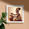 A young African girl is painting a ceramic jar with colorful beads and seeds, wearing a patterned headwrap.