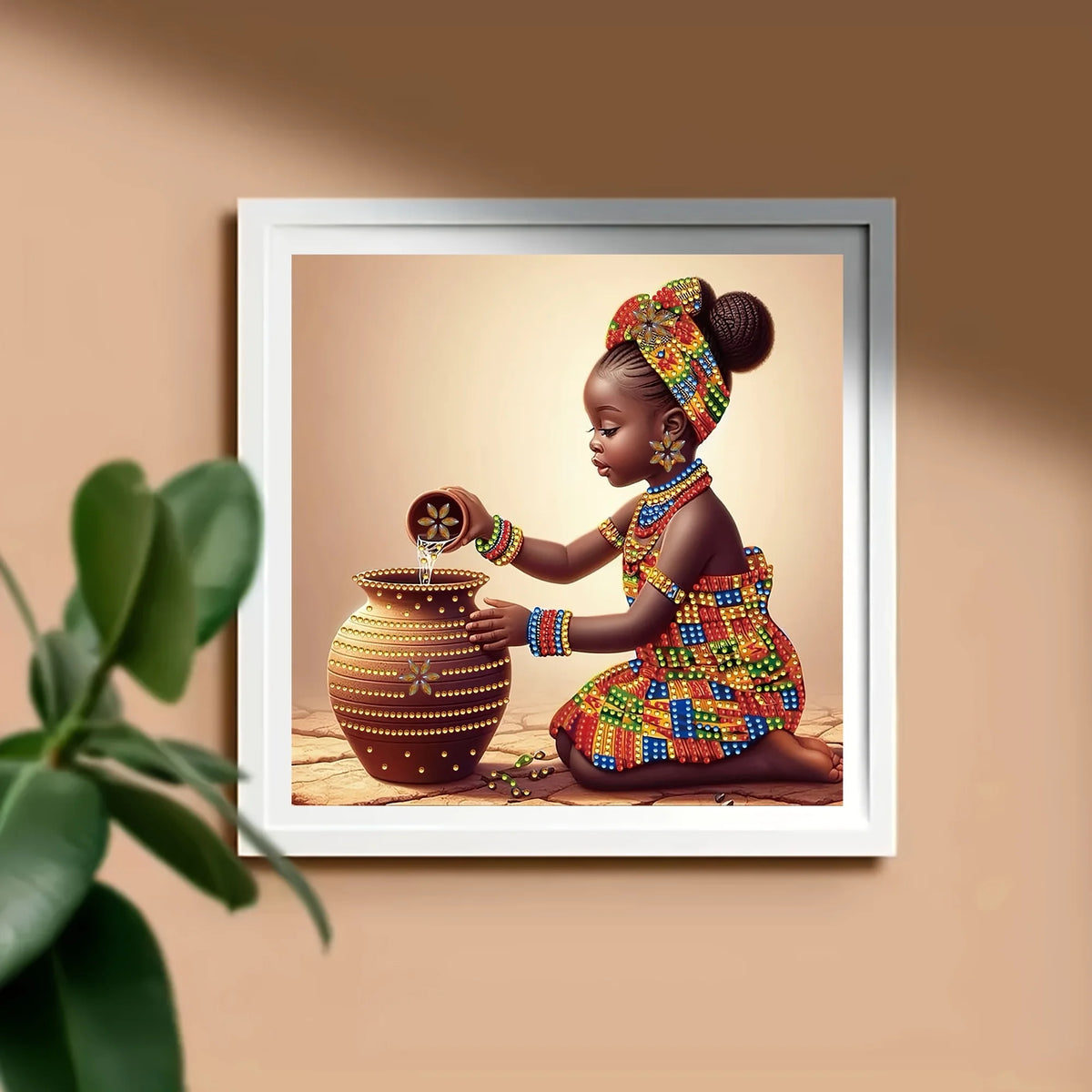 A young African girl is painting a ceramic jar with colorful beads and seeds, wearing a patterned headwrap.