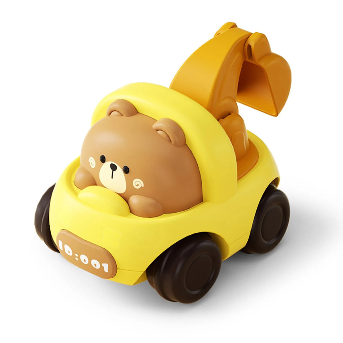 A yellow push car toy shaped like a brown bear, designed for toddlers.