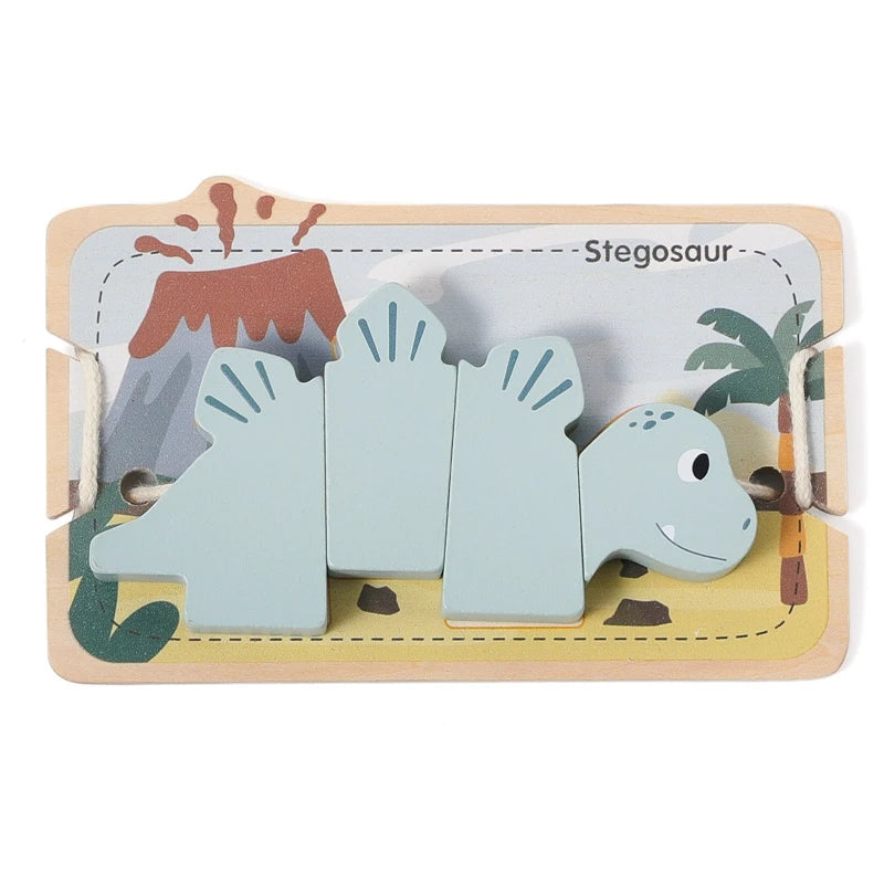 A wooden dinosaur toy set featuring a stegosaur silhouette and surrounding elements like a mountain and palm tree.