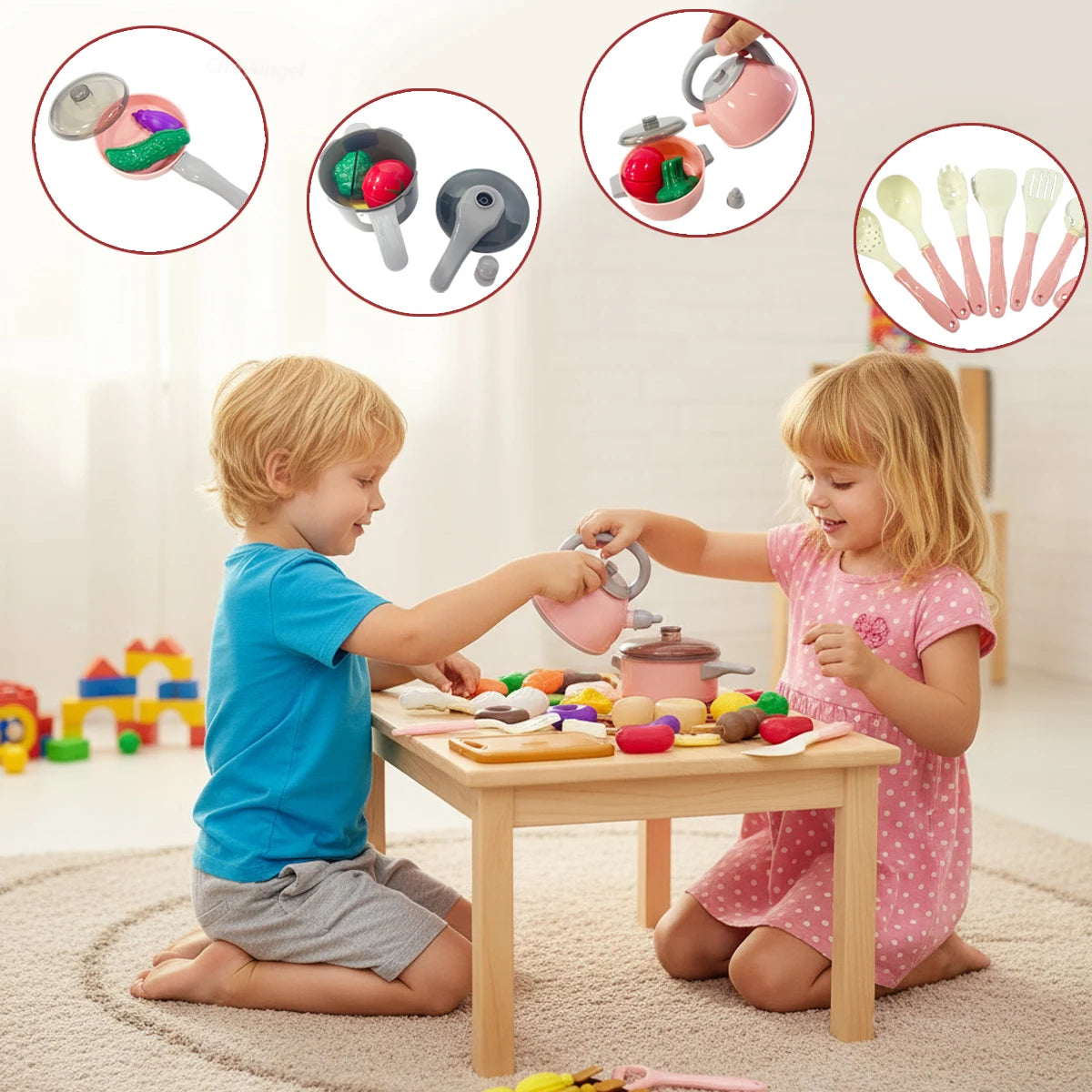 Kids Pretend Play Kitchen Toy Set with Pots, Pans & Utensils