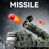 A military missile truck toy is shown launching a missile in a dark, rugged landscape.