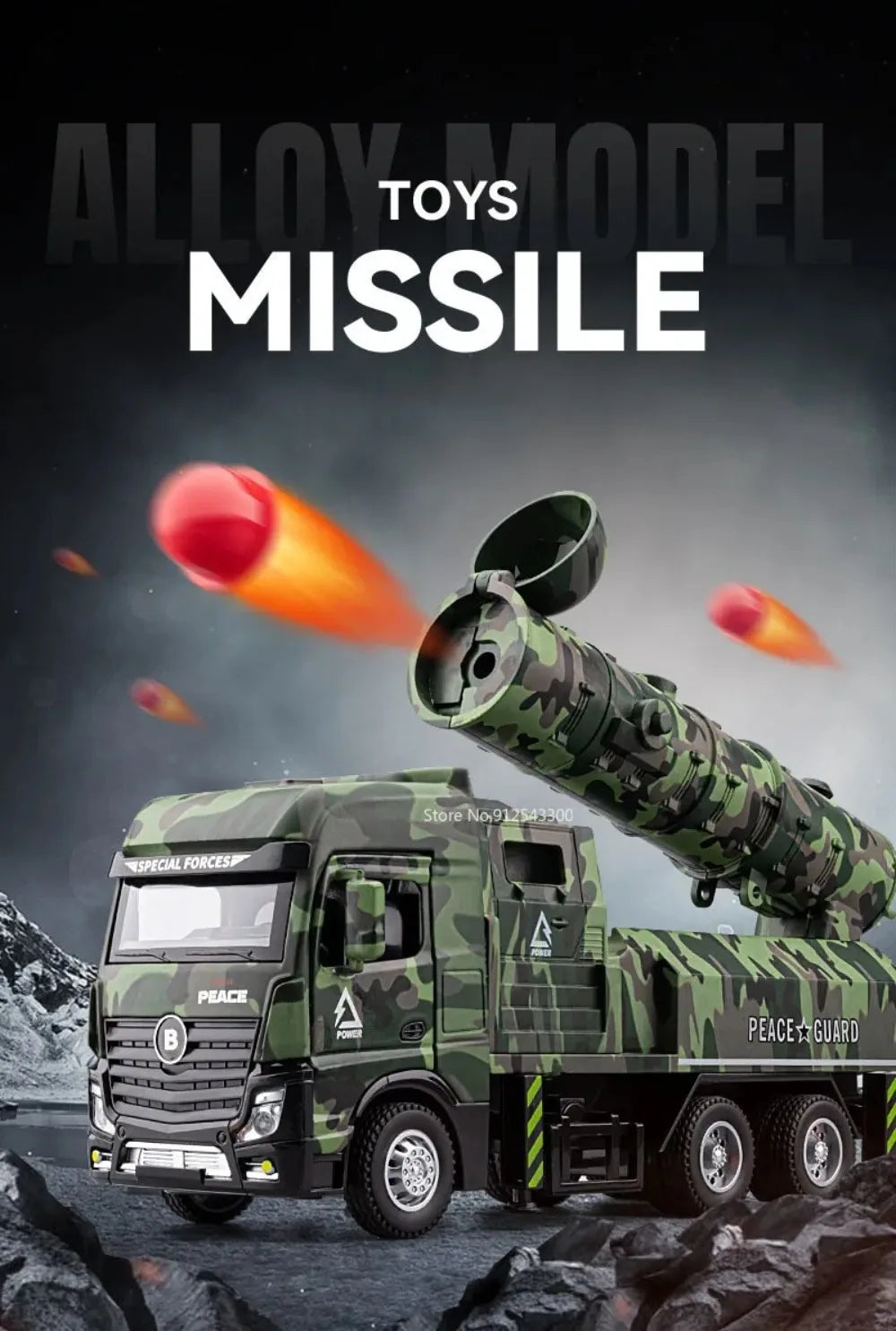 A military missile truck toy is shown launching a missile in a dark, rugged landscape.