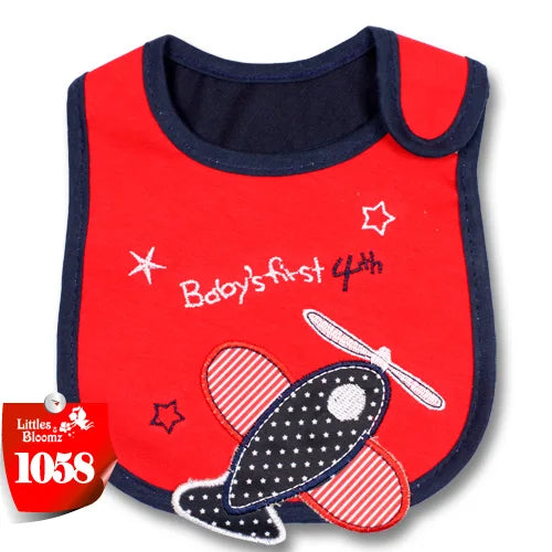 Red and navy baby feeding bib with a cartoon design for infants and toddlers
